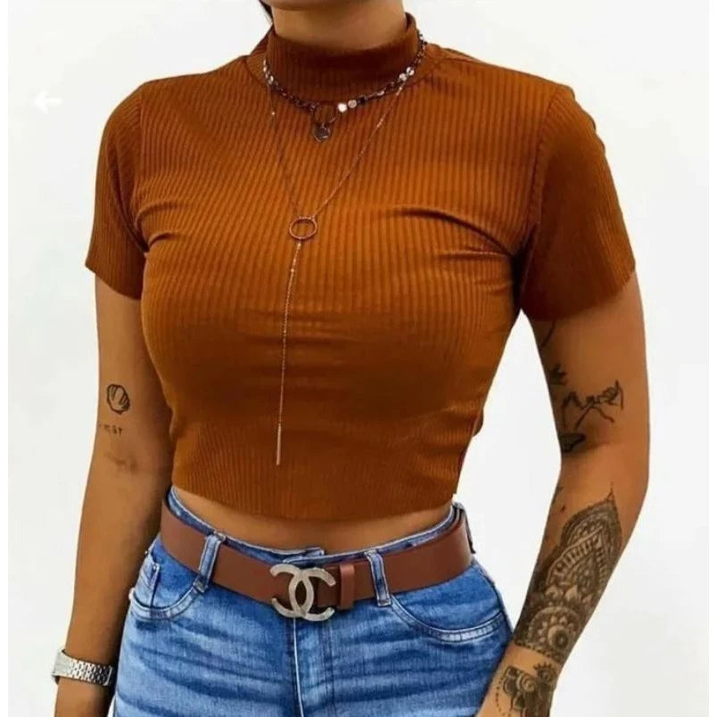 Cropped canelado gola alta com manga / blusa canelado com golinha e manga / blusinha canelada gola alta cod2010