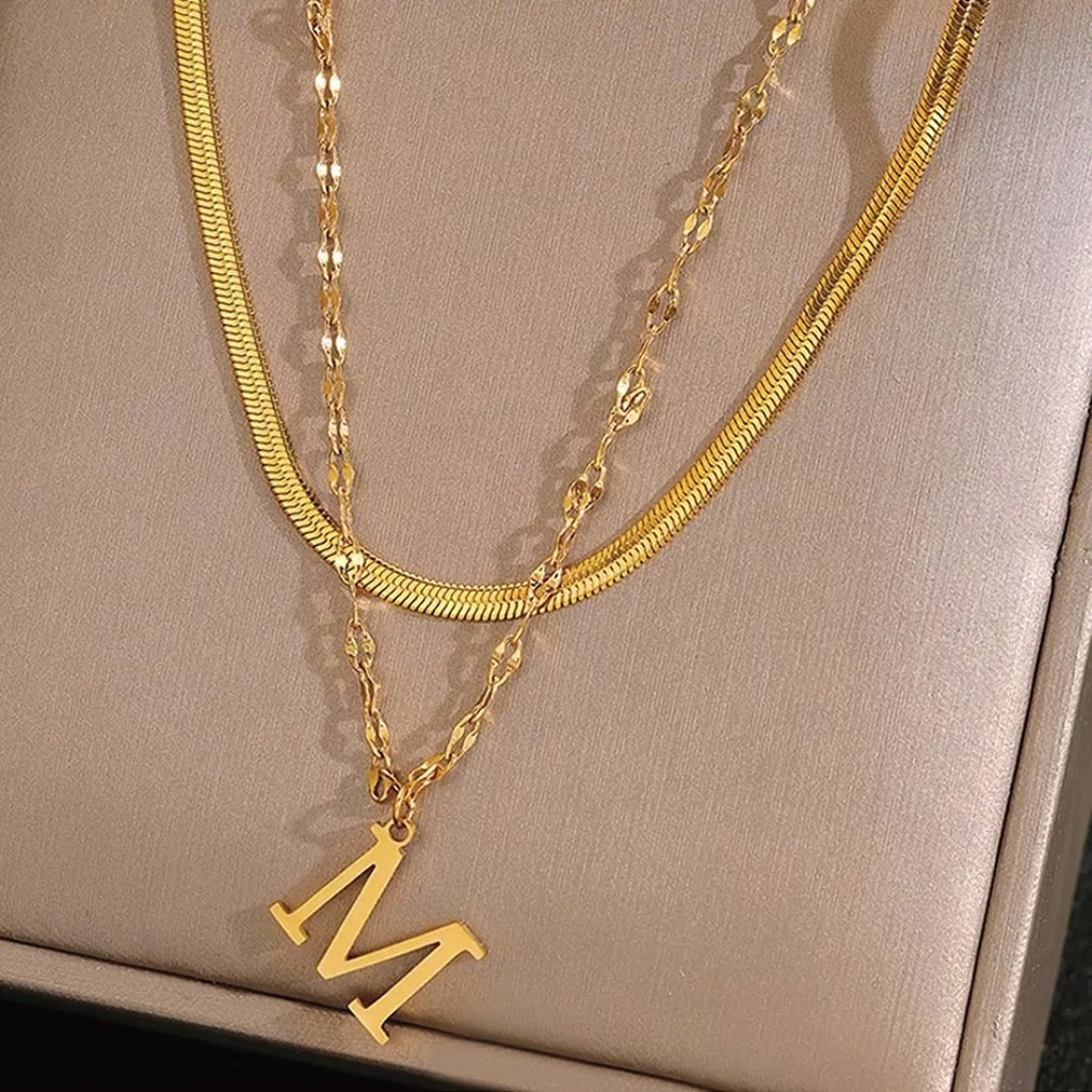 Kit 2 colares elegantes para mulheres com pingentes de letras A-Z, banhados a prata 925 ou ouro 18K