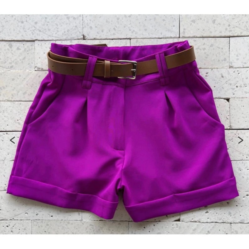 Short Feminino Alfaiataria Social com Cinto Cintura Alta Com Bolso PROMOÇÃO