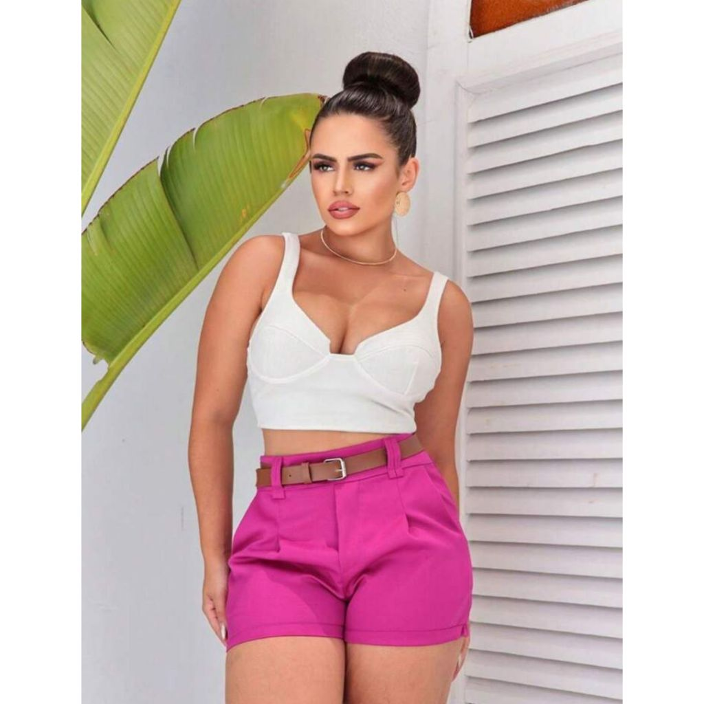 Short Feminino Alfaiataria Social com Cinto Cintura Alta Com Bolso PROMOÇÃO