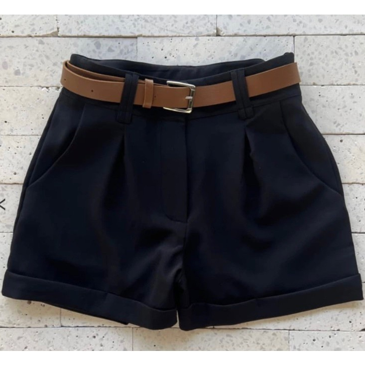 Short Feminino Alfaiataria Social com Cinto Cintura Alta Com Bolso PROMOÇÃO