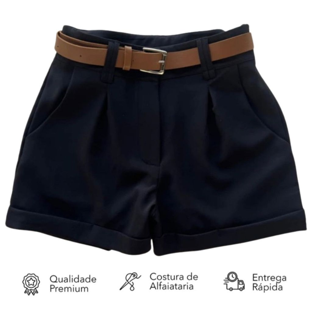 Short Feminino Alfaiataria Social com Cinto Cintura Alta Com Bolso PROMOÇÃO