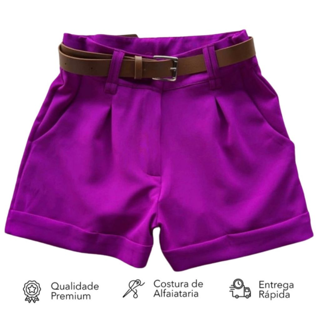 Short Feminino Alfaiataria Social com Cinto Cintura Alta Com Bolso PROMOÇÃO