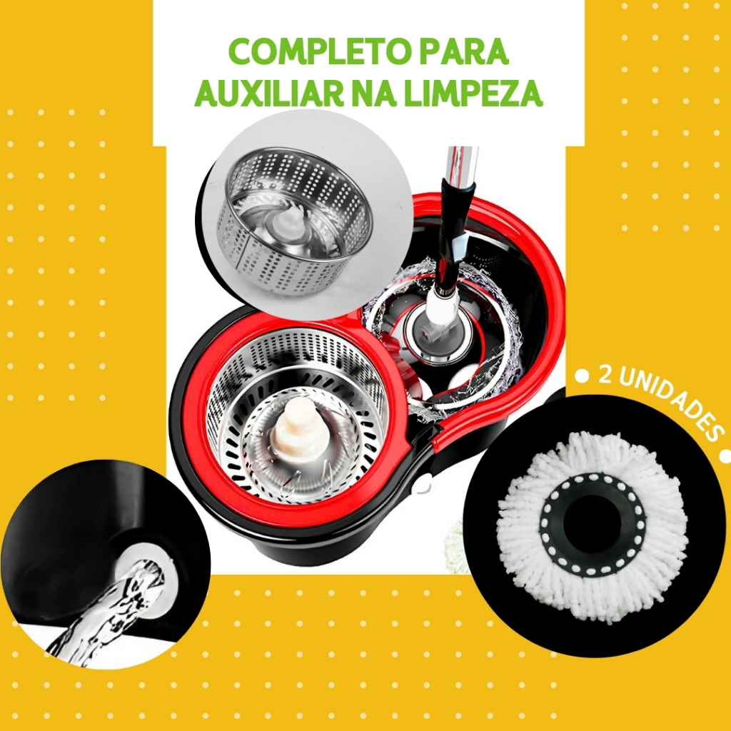 Mop Girátorio Cleaner Profissional – Balde com Centrífuga 14L + Refil Duplo e Cabo Reforçado - MN