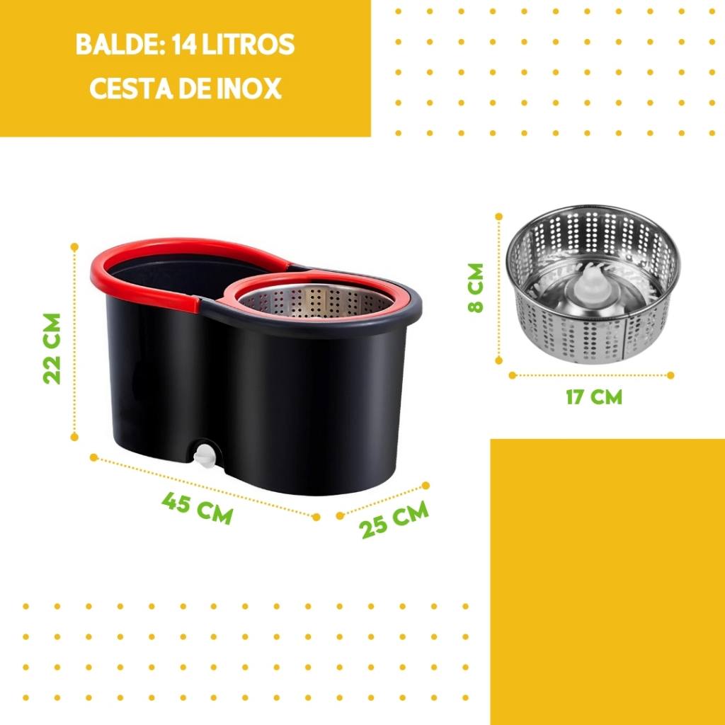 Mop Girátorio Cleaner Profissional – Balde com Centrífuga 14L + Refil Duplo e Cabo Reforçado - MN