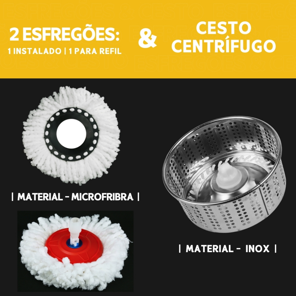 Mop Girátorio Cleaner Profissional – Balde com Centrífuga 14L + Refil Duplo e Cabo Reforçado - MN