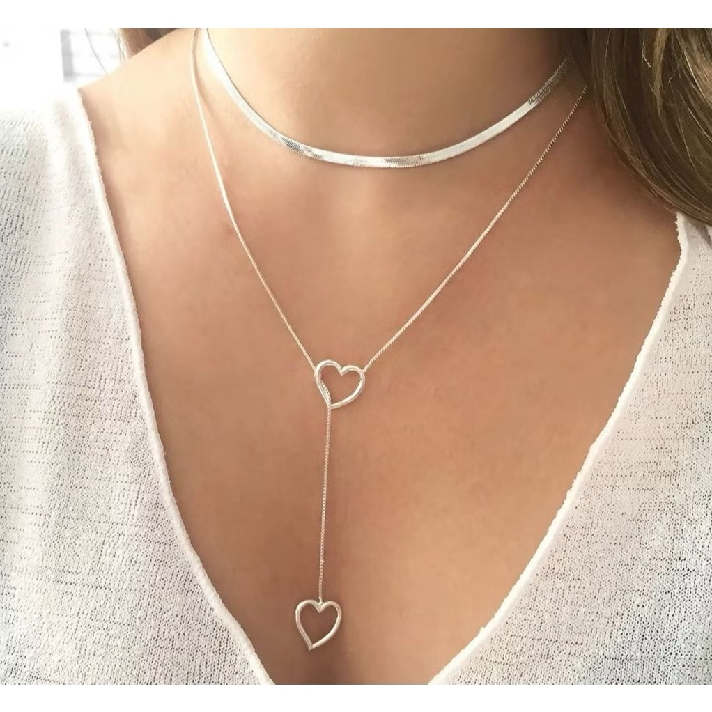 Kit 2 colares femininos vazados de coração duplo + colar Choker banhado a prata 925