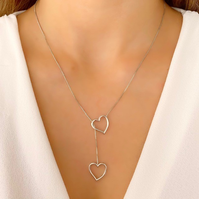 Kit 2 colares femininos vazados de coração duplo + colar Choker banhado a prata 925