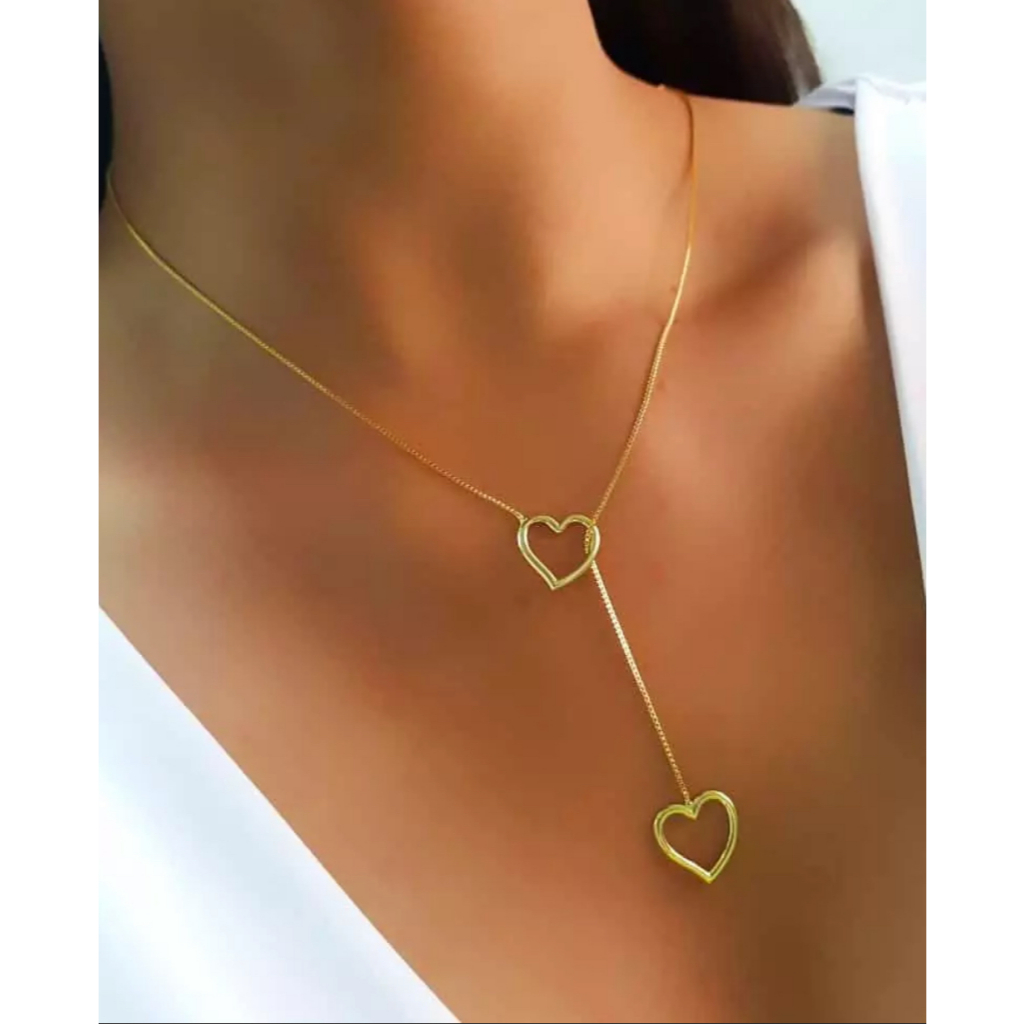 Kit 2 colares femininos vazados de coração duplo + colar Choker banhado a prata 925