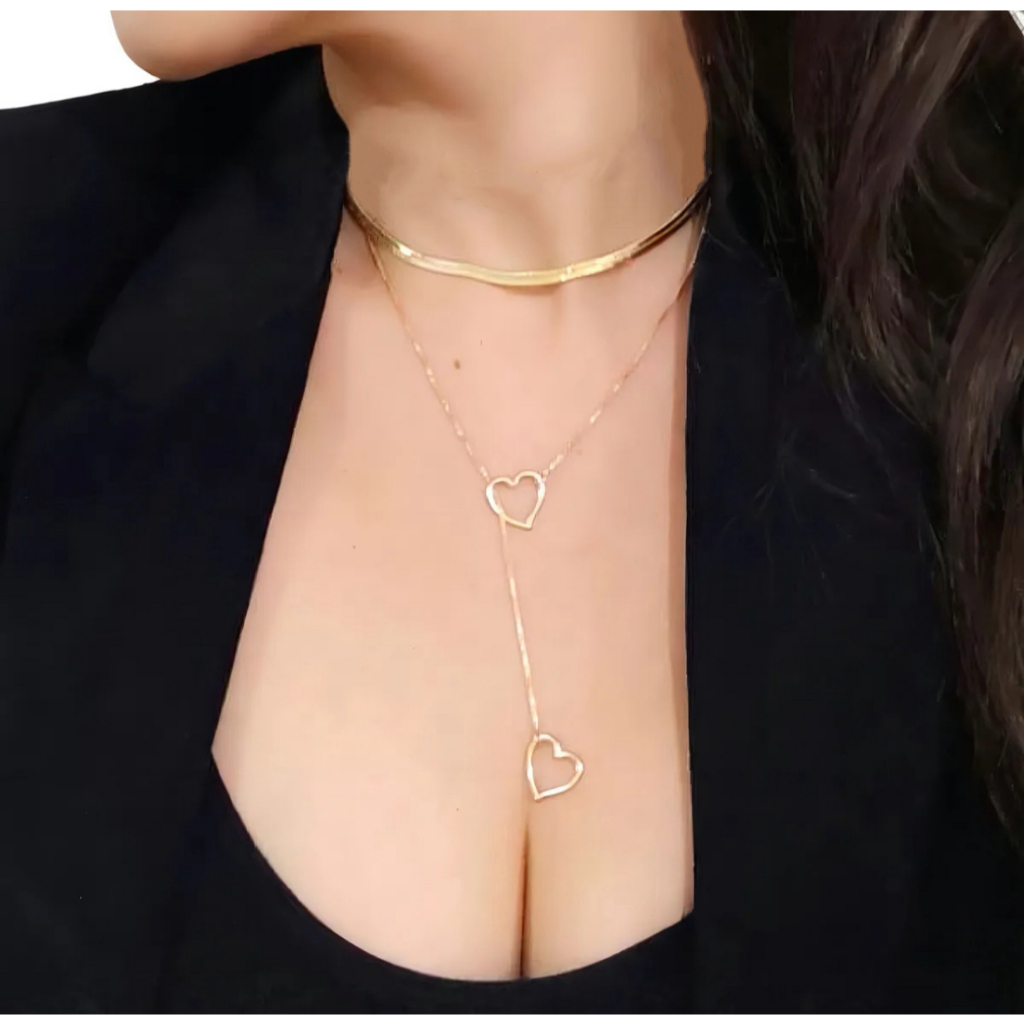 Kit 2 colares femininos vazados de coração duplo + colar Choker banhado a prata 925