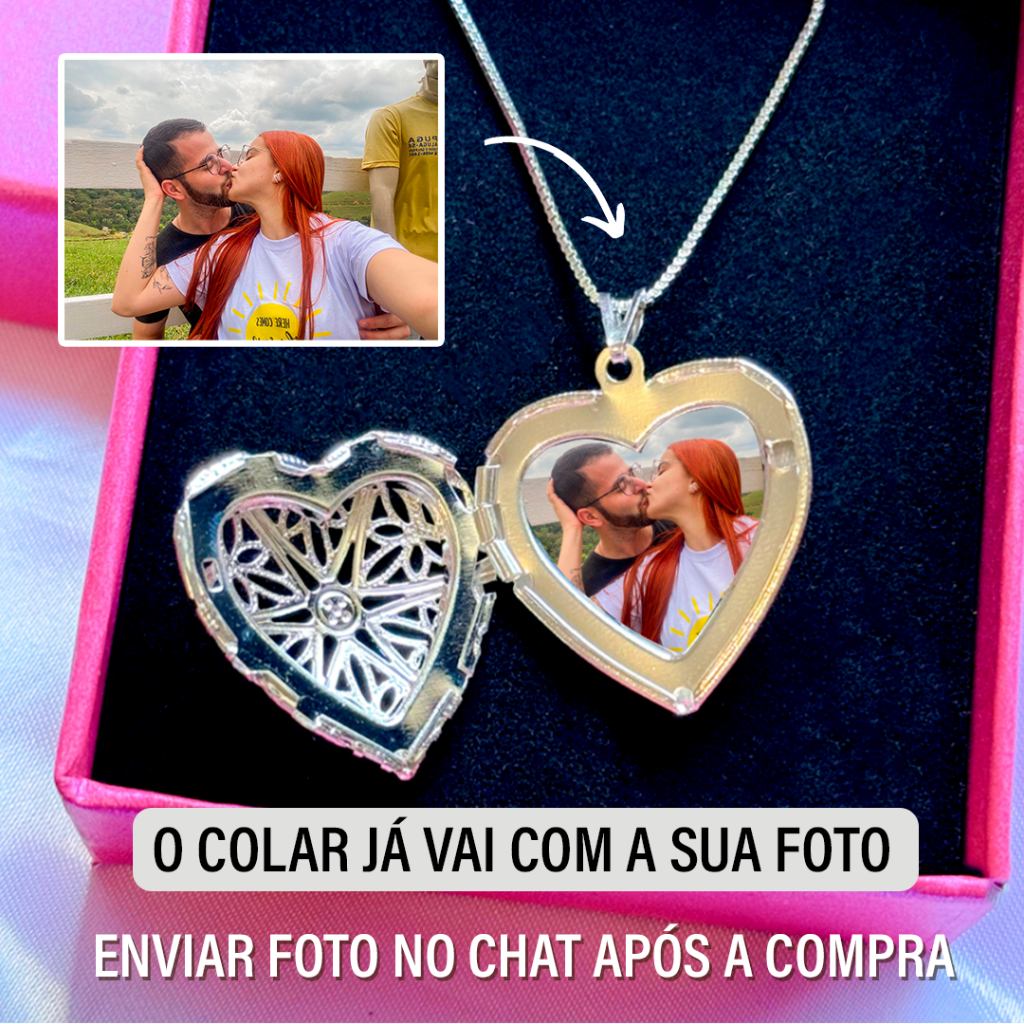 Colar Com Foto Relicário Coração Banhado a Prata Com Caixinha Presente Romântico Lembrança