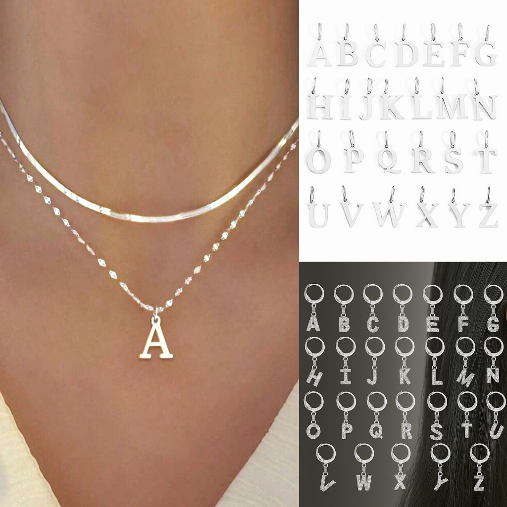 Kit 2 colares elegantes para mulheres com pingentes de letras A-Z, banhados a prata 925 ou ouro 18K