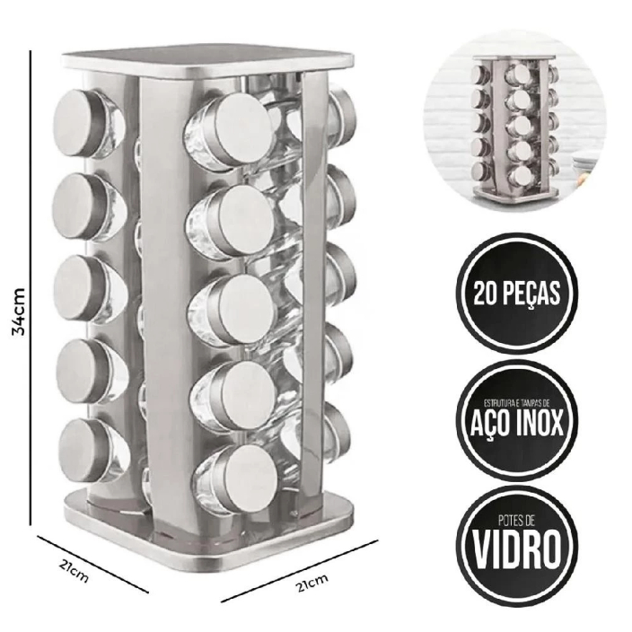 Porta Tempero 20 Potes Frasco Vidro Tampa Inox Rotativo Caneta Etiqueta