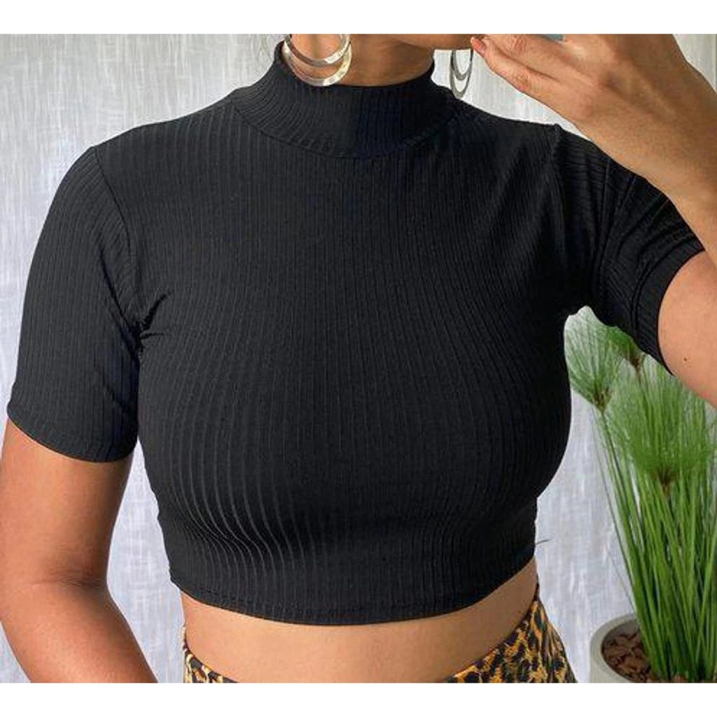 Cropped canelado gola alta com manga / blusa canelado com golinha e manga / blusinha canelada gola alta cod2010