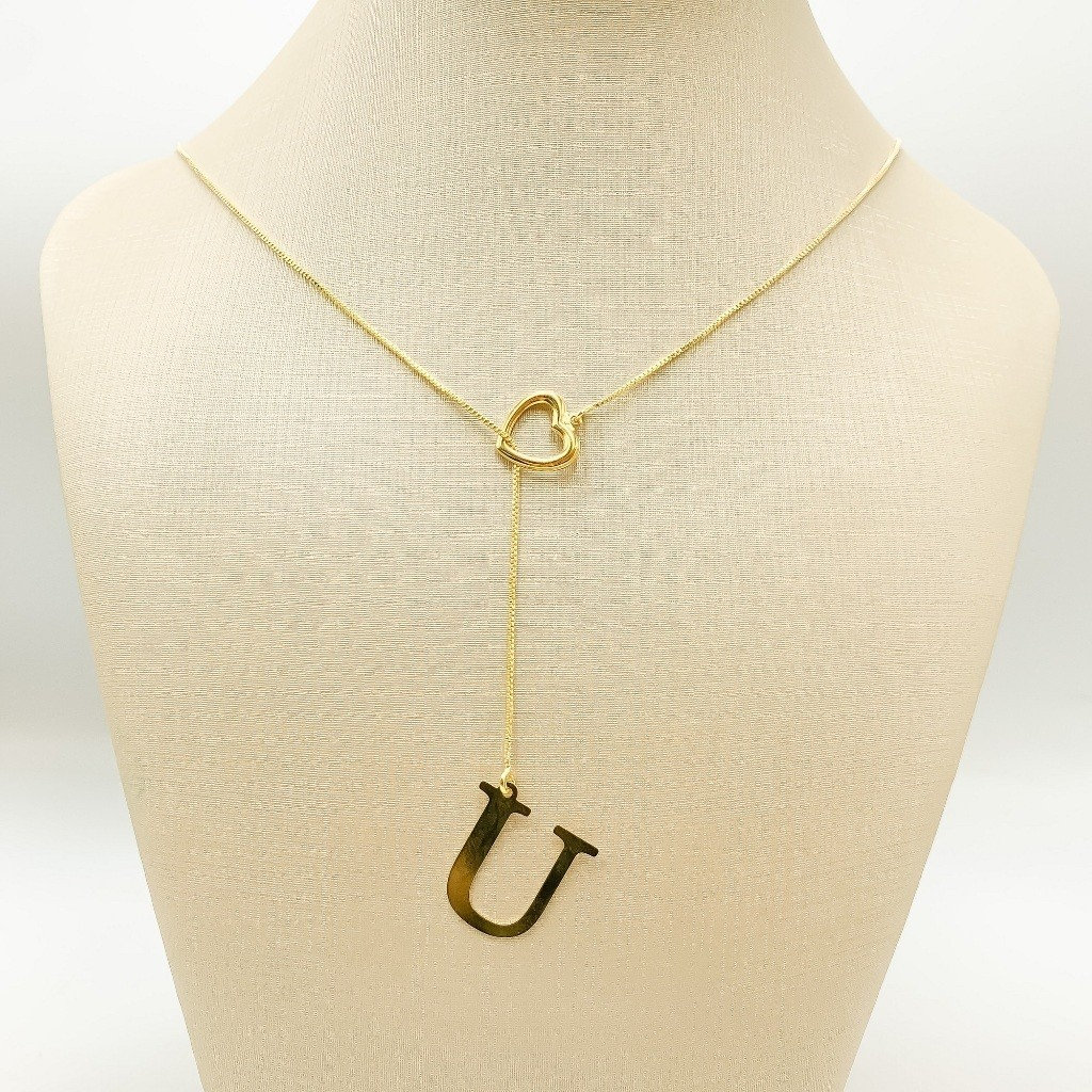 Colar Feminino Gravatinha de Letra Inicial Folheado a Ouro e Prata925