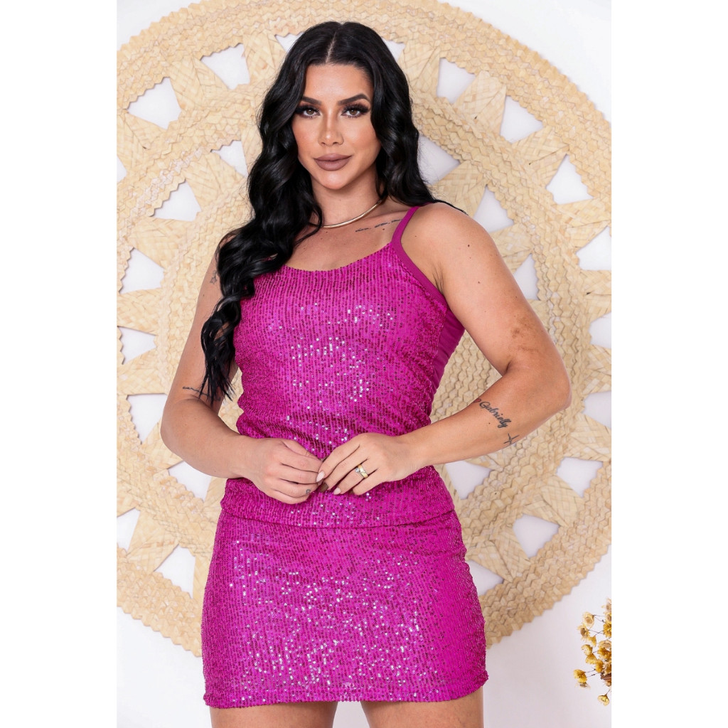 Conjunto Feminino de Paetê Mini Saia e Regatinha Premium Brilhante Moda Balada Festa