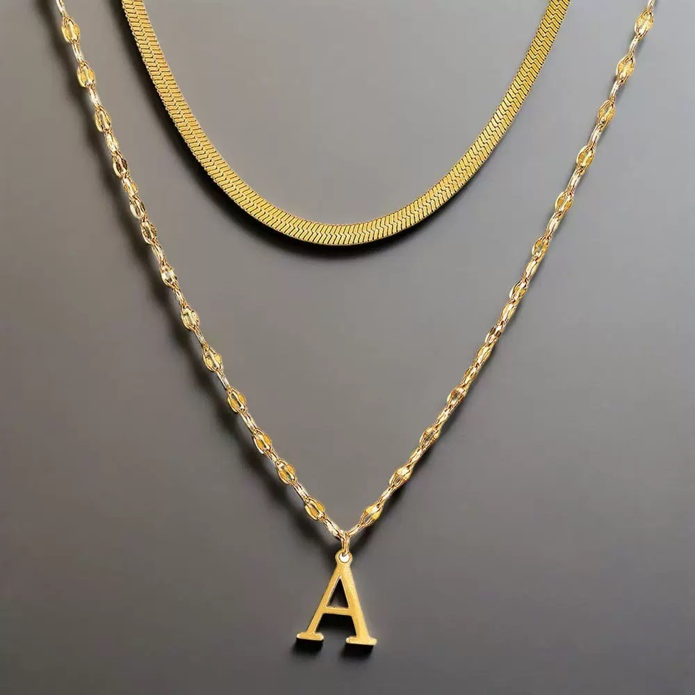 Kit 2 colares elegantes para mulheres com pingentes de letras A-Z, banhados a prata 925 ou ouro 18K