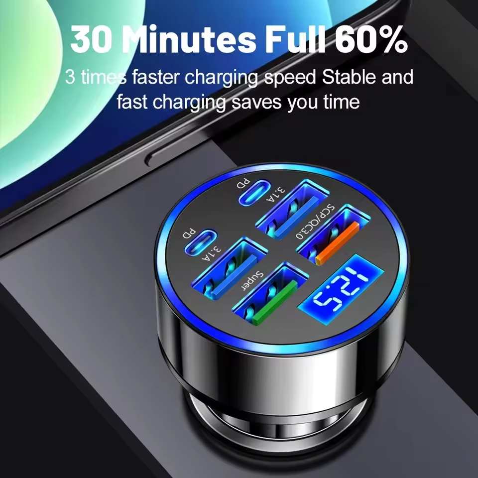Carregador de carro com 6 portas, carregamento rápido PD QC3.0, adaptador USB C, compatível com iPhone.