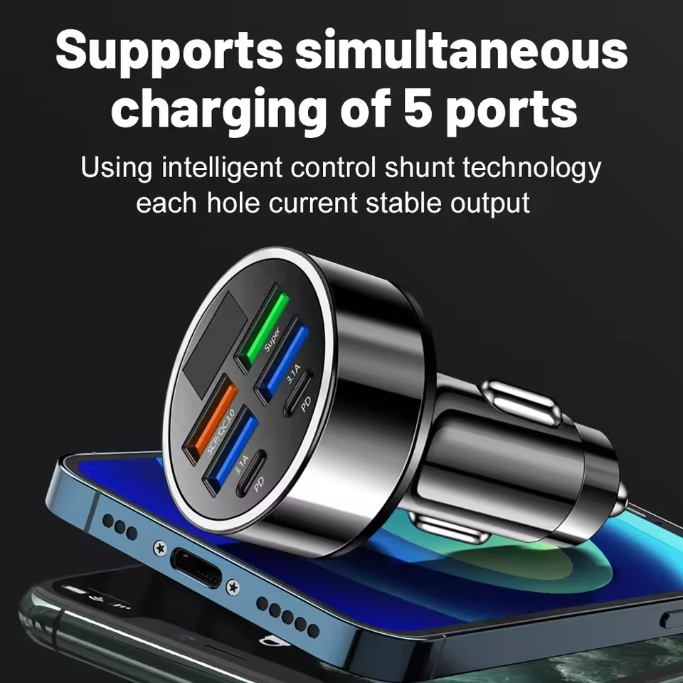 Carregador de carro com 6 portas, carregamento rápido PD QC3.0, adaptador USB C, compatível com iPhone.